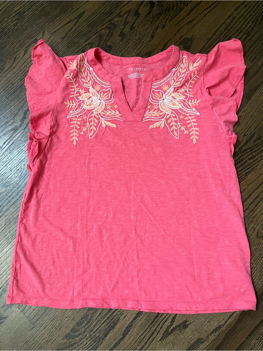 Talbots Pink Embroidered Flutter Sleeve Top 100% cotton GUC size large